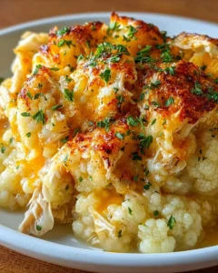 Healthy chicken cauliflower casserole topped with herbs and cheese