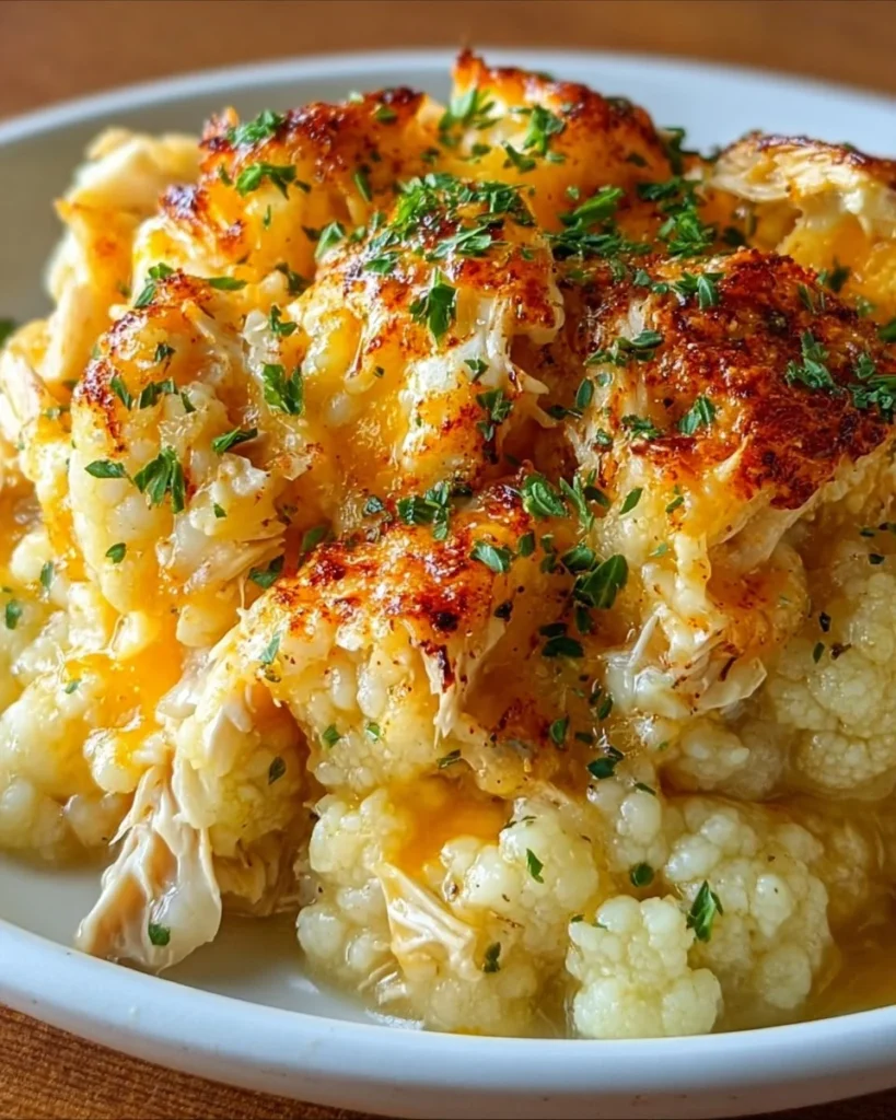 Healthy chicken cauliflower casserole topped with herbs and cheese