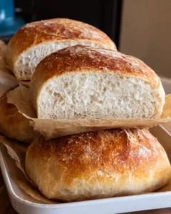 Loaf of homemade no-knead sandwich bread on a wooden cutting board