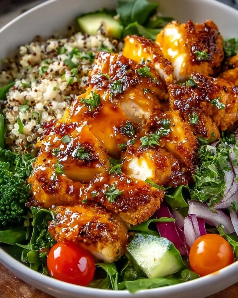Delicious Hot Honey Chicken Bowl with spicy honey sauce and fresh ingredients