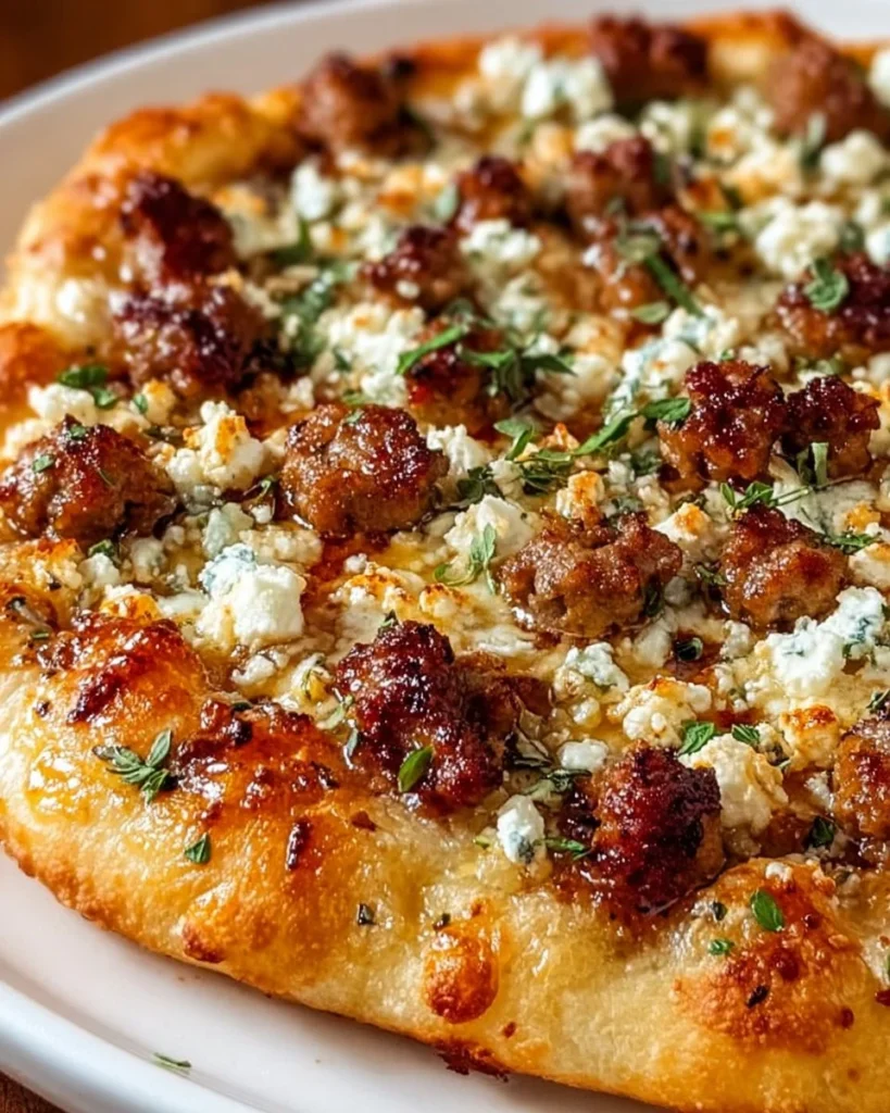 Delicious Hot Sausage Feta Honey Pizza topped with sausage, feta cheese, and honey drizzle.