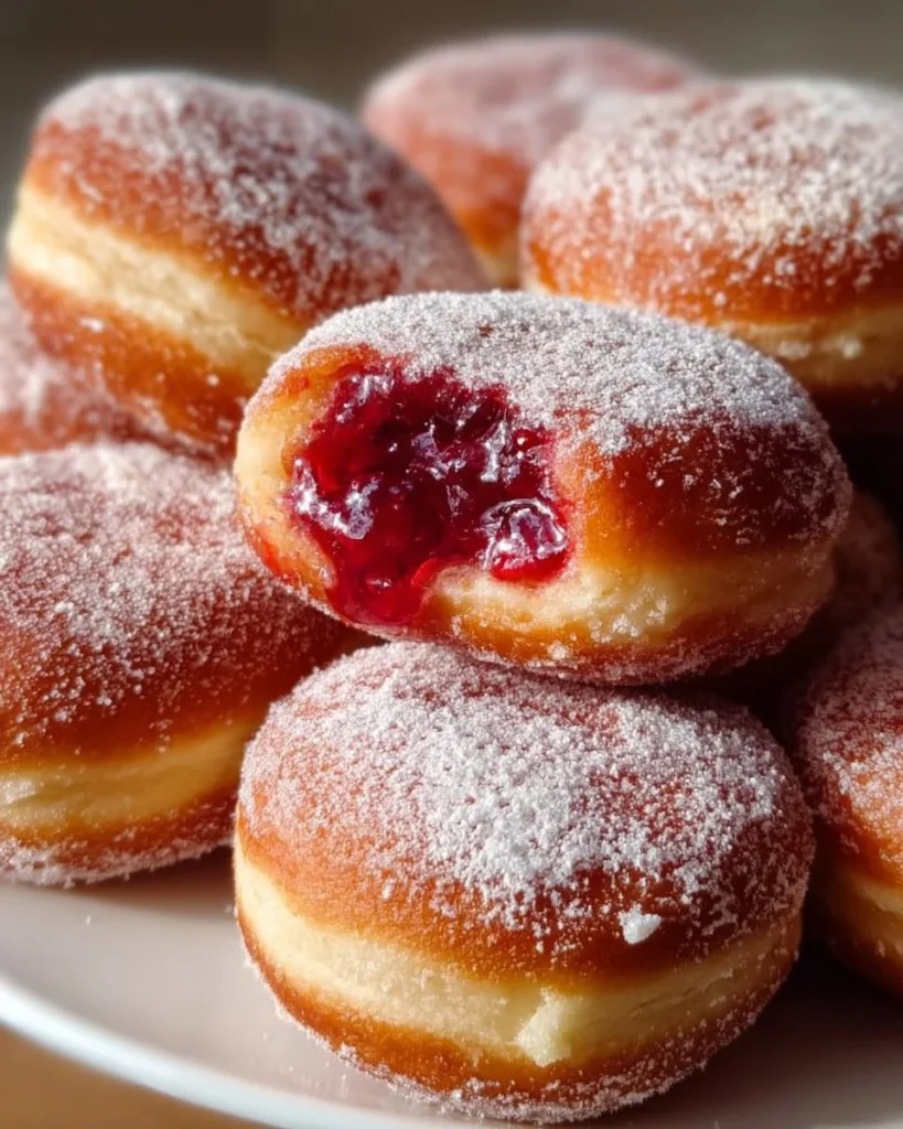 Freshly baked jelly donuts dusted with powdered sugar and filled with berry jam