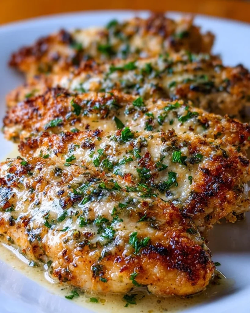 Juicy garlic parmesan chicken served with herbs and spices