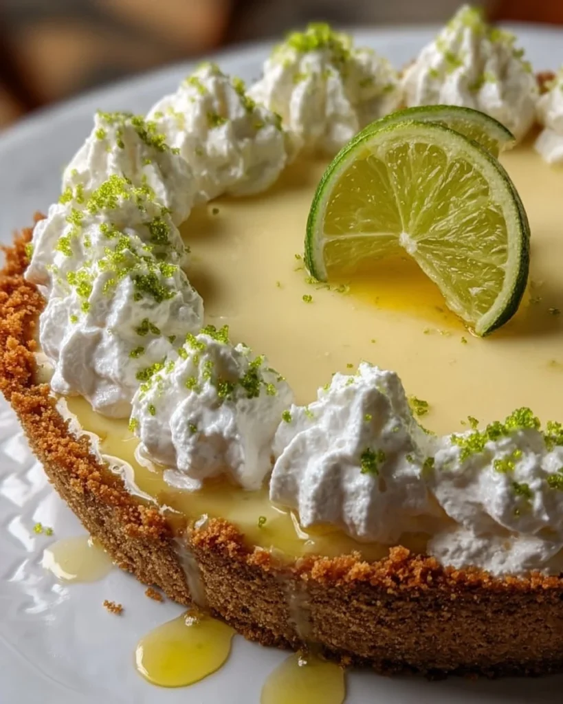 Delicious slice of key lime pie garnished with lime and whipped cream.