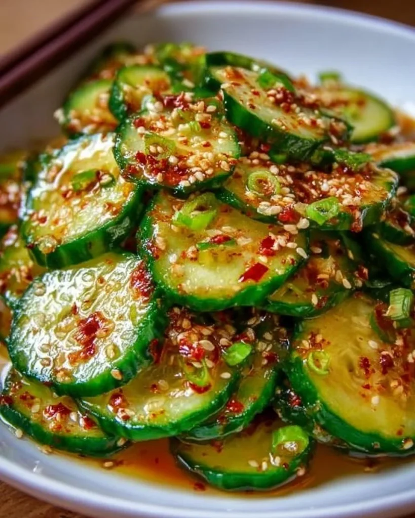 Delicious Korean cucumber salad served in a bowl, showcasing fresh ingredients.