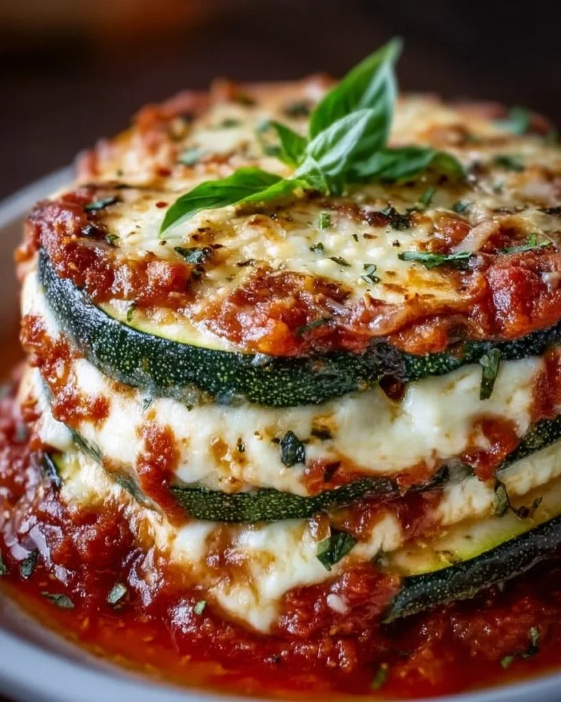 Delicious layered zucchini ricotta melts topped with marinara sauce.
