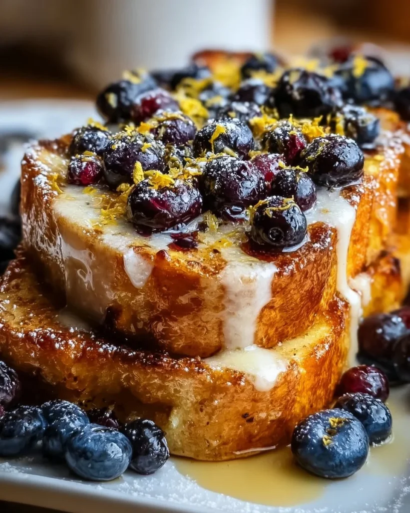 Lemon blueberry sourdough toast topped with fresh blueberries and lemon zest