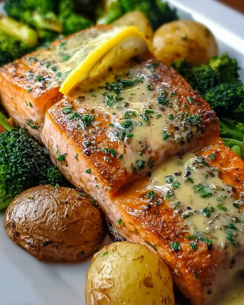Lemon Butter Salmon served with crispy potatoes and broccoli on a plate.