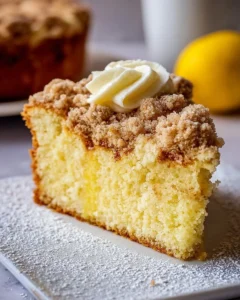 Slice of Lemon Crumb Coffee Cake with lemon zest on top