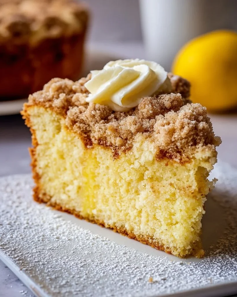 Slice of Lemon Crumb Coffee Cake with lemon zest on top