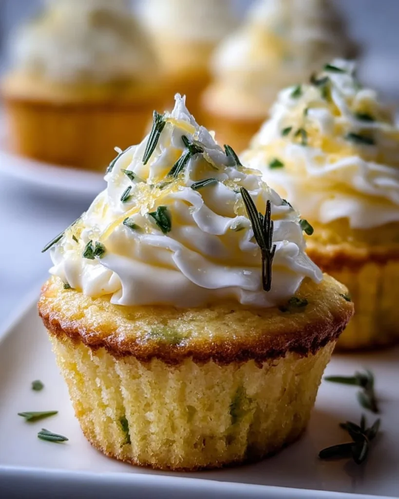 Lemon Thyme Rosemary Cupcakes topped with fresh herbs and lemon zest