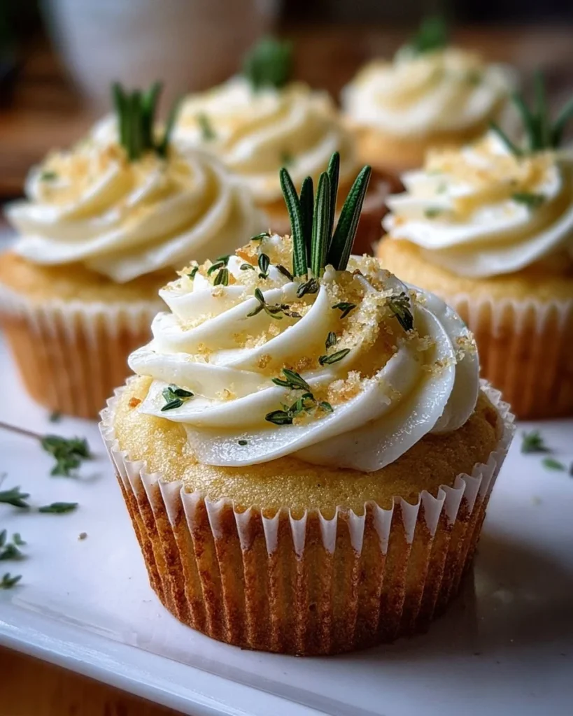 Lemon Thyme Rosemary Cupcakes topped with fresh herbs and lemon zest