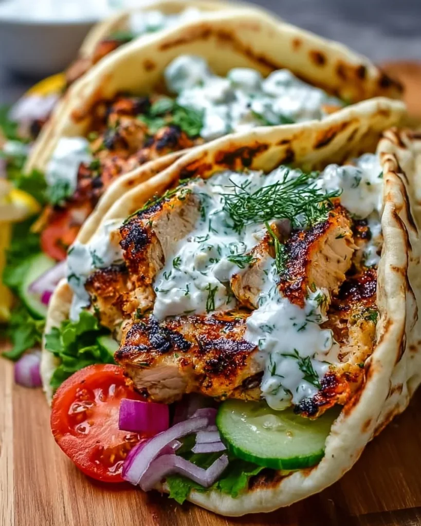 Delicious Mediterranean chicken gyros with creamy feta tzatziki sauce