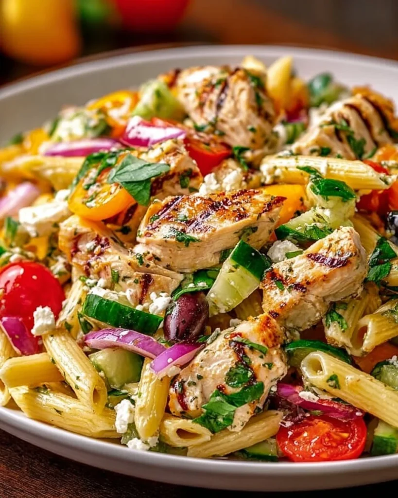Delicious Mediterranean Chicken Pasta Salad with colorful veggies and herbs