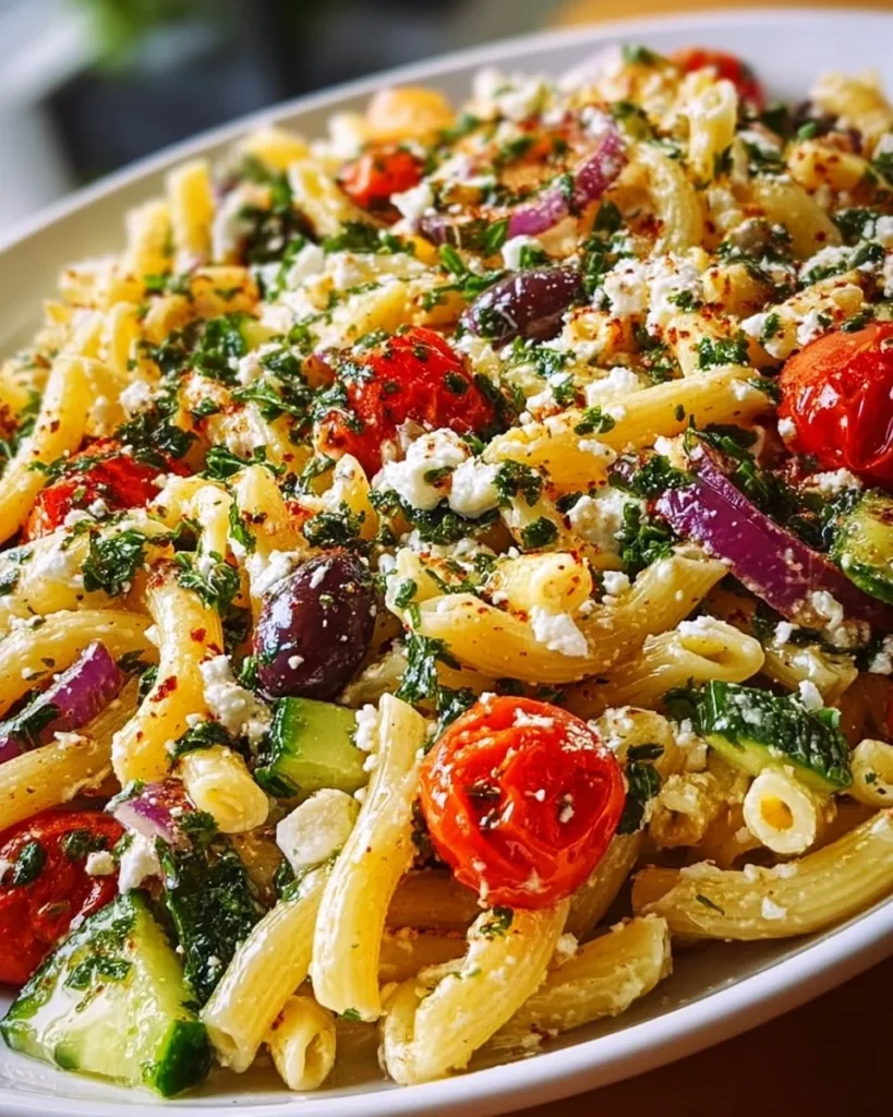 Plate of Mediterranean Pasta garnished with fresh herbs and vegetables