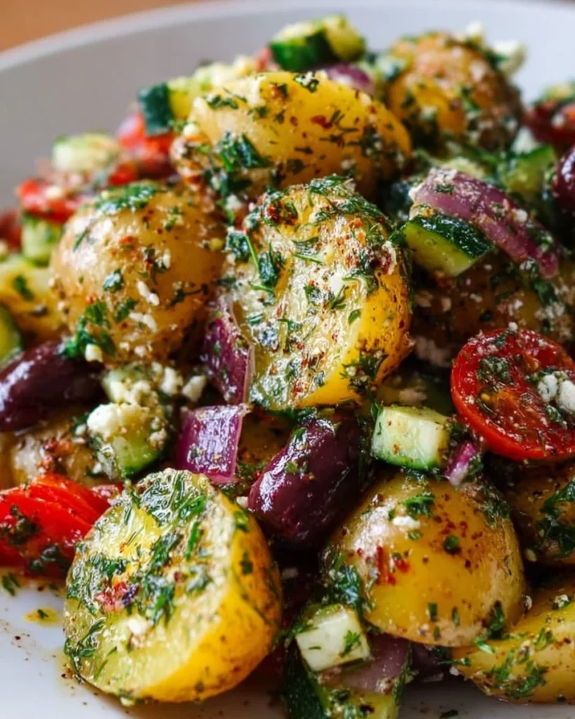 Colorful Mediterranean Potato Salad with fresh herbs and vegetables