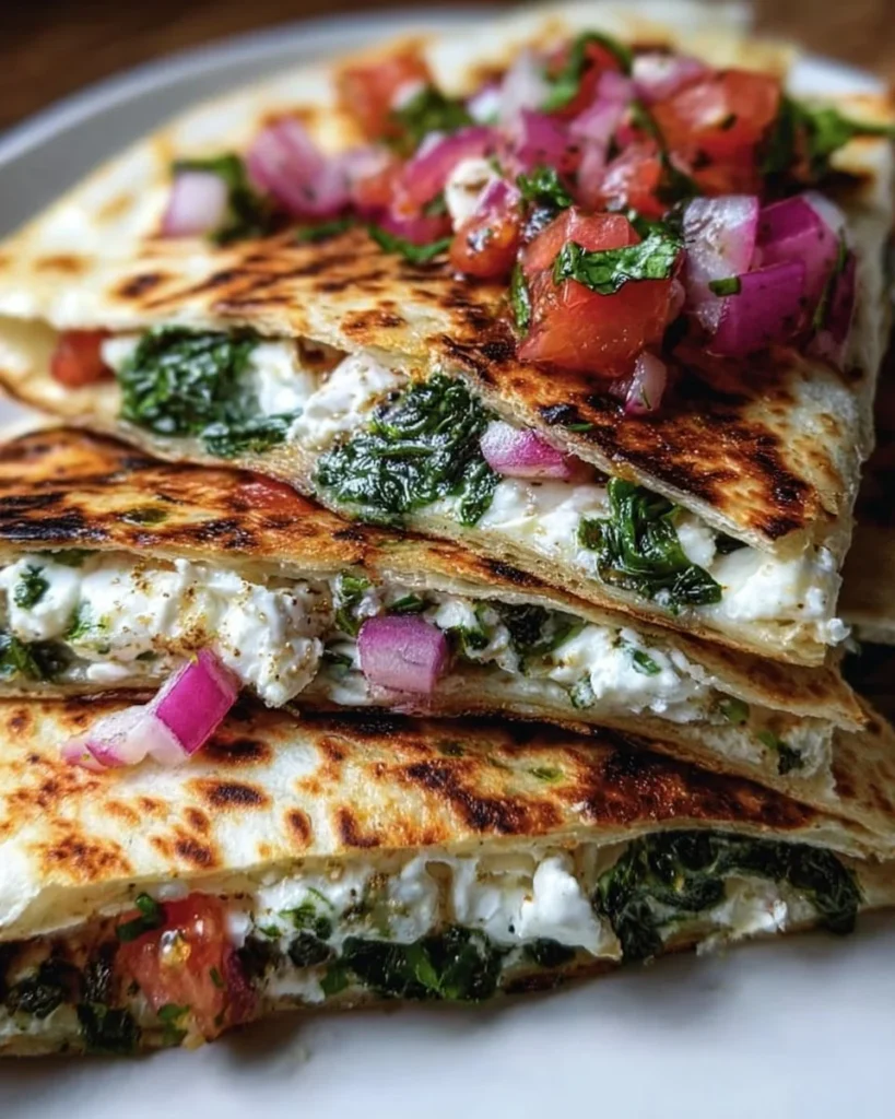 Delicious Mediterranean Quesadillas with spinach, feta, mozzarella, and red onion