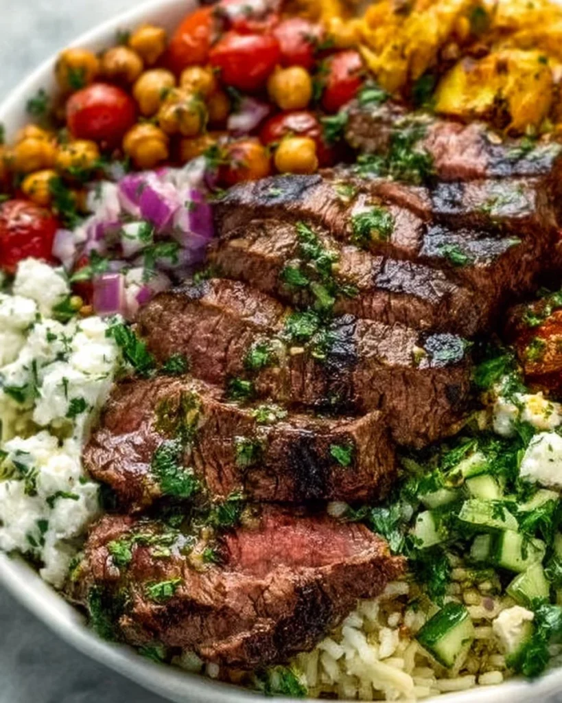 Mediterranean steak bowl topped with fresh veggies and herbs