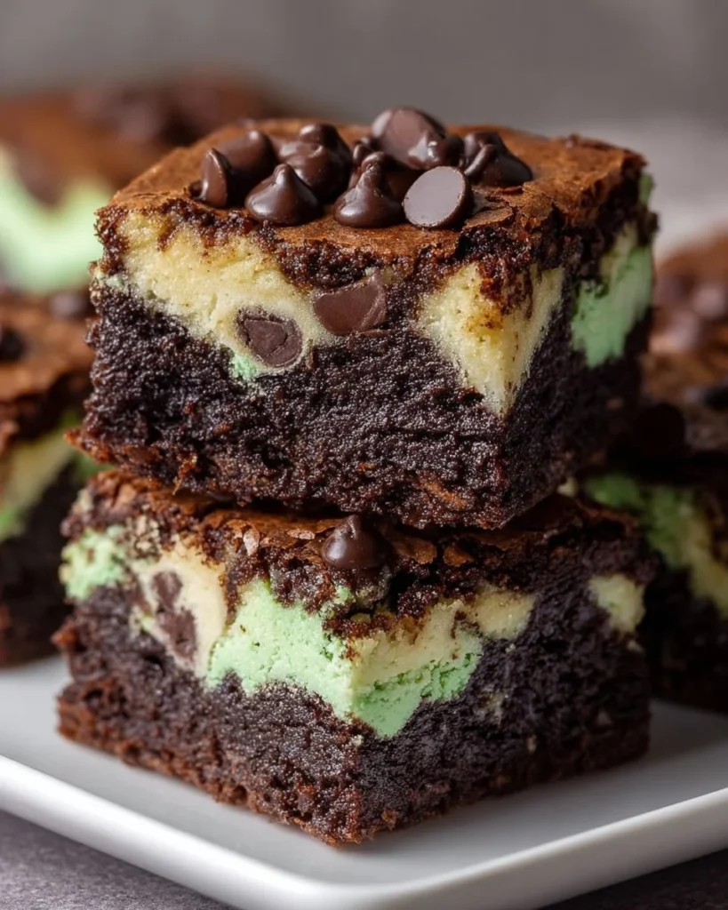 Delicious Mint Chocolate Chip Brownies with green mint icing and chocolate chips