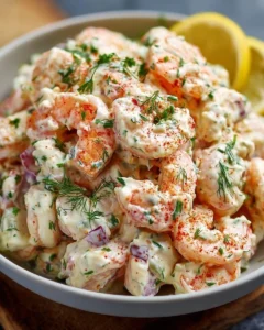 Creamy New York Deli Shrimp Salad served in a bowl with fresh ingredients