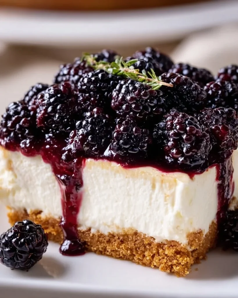Delicious No Bake Blackberry Cheesecake topped with fresh blackberries.