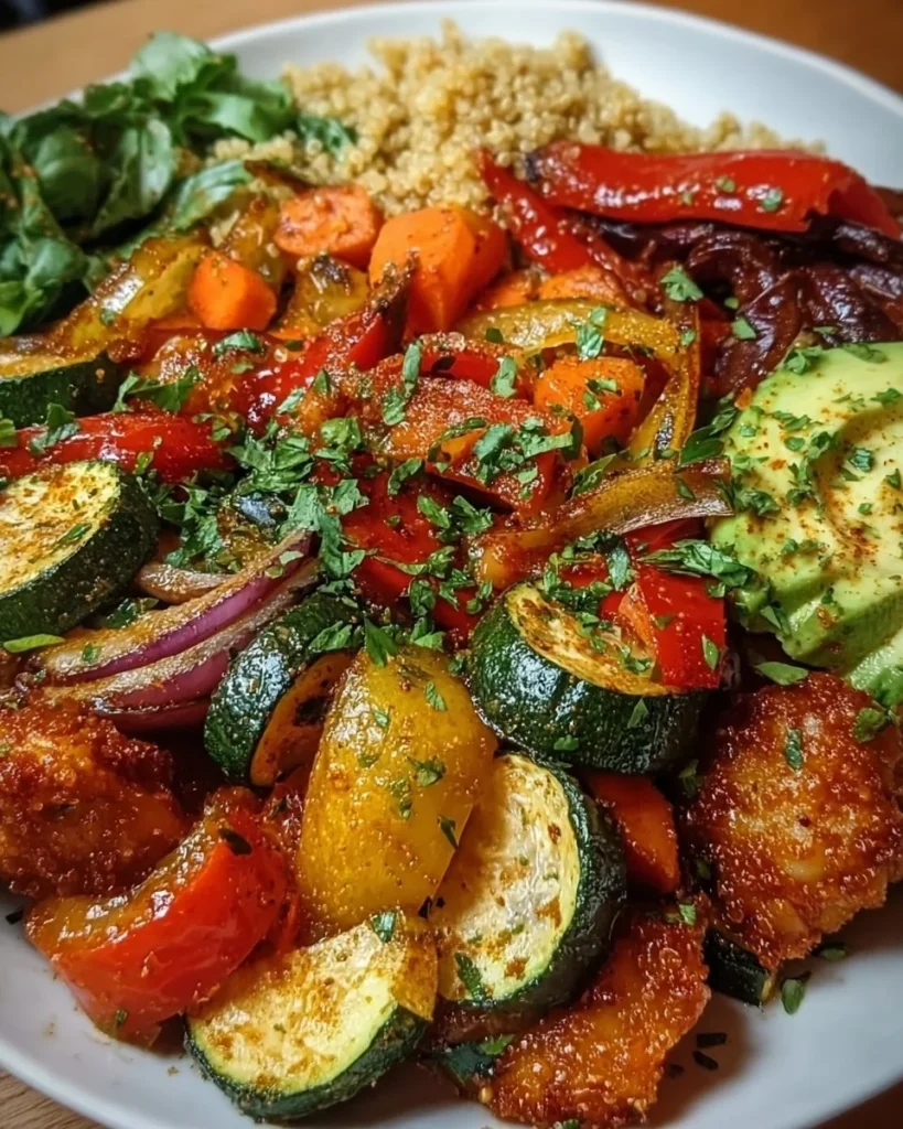Bowl of paprika roasted vegetable quinoa with colorful veggies and herbs