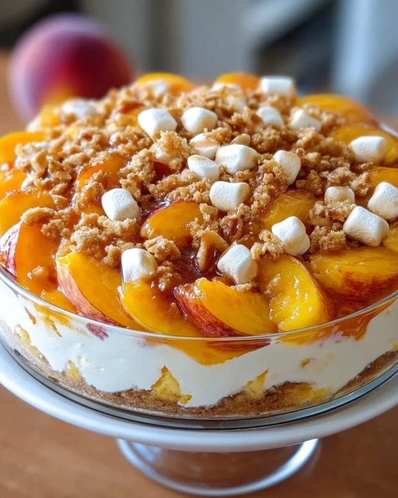 Delicious Peach Cobbler Cheesecake Fruit Salad with fresh peaches and creamy cheesecake