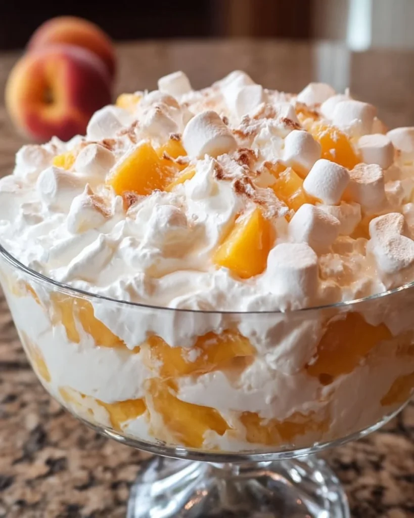 Delicious Peach Fluff dessert topped with fresh peaches and whipped cream