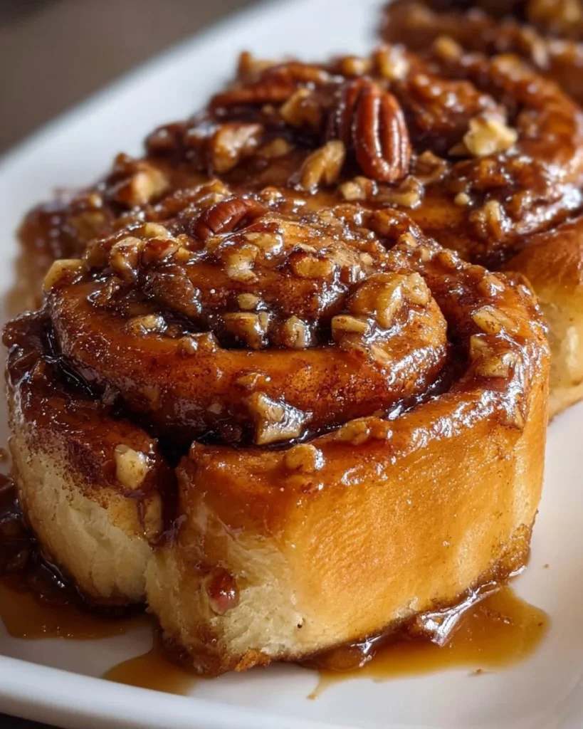 Pecan pie cinnamon rolls drizzled with caramel and topped with pecans.