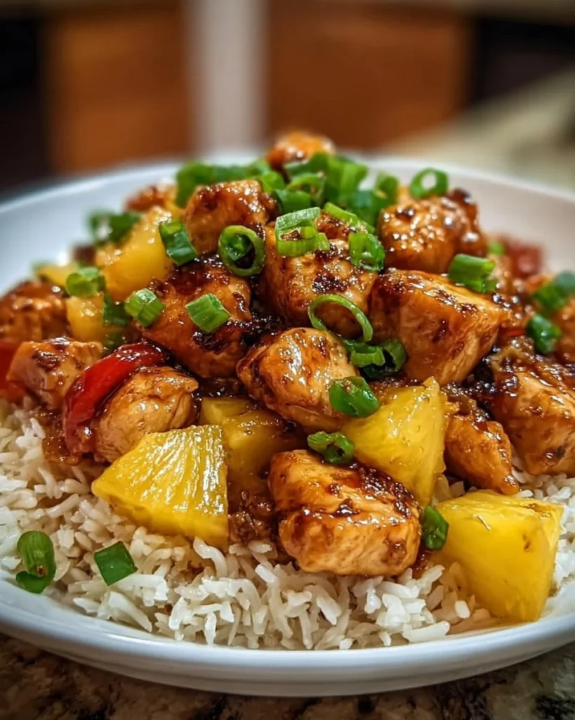 Delicious Pineapple Chicken served with rice on a plate