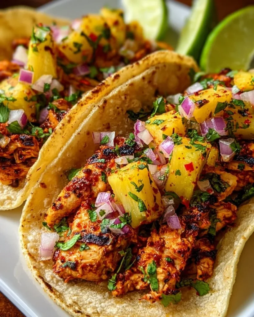 Delicious Pineapple Chicken Tacos served with fresh toppings