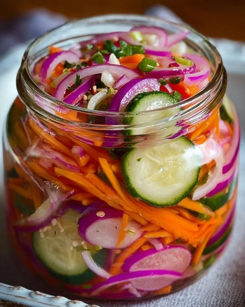 Colorful jar of quick fridge pickled vegetables ready to enjoy
