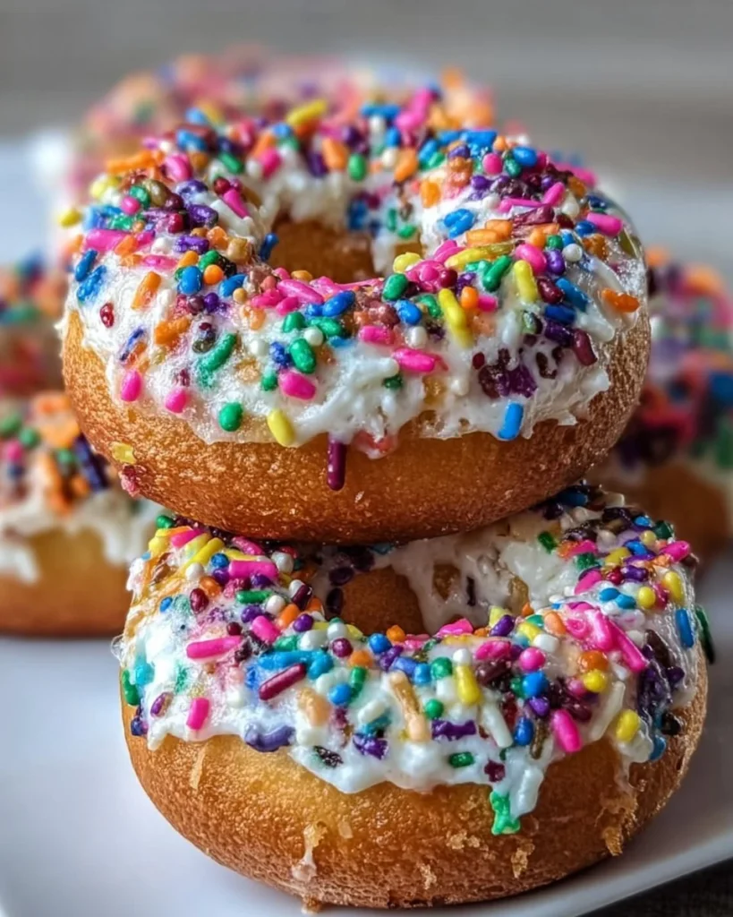 Colorful rainbow sprinkle protein bagels on a wooden table