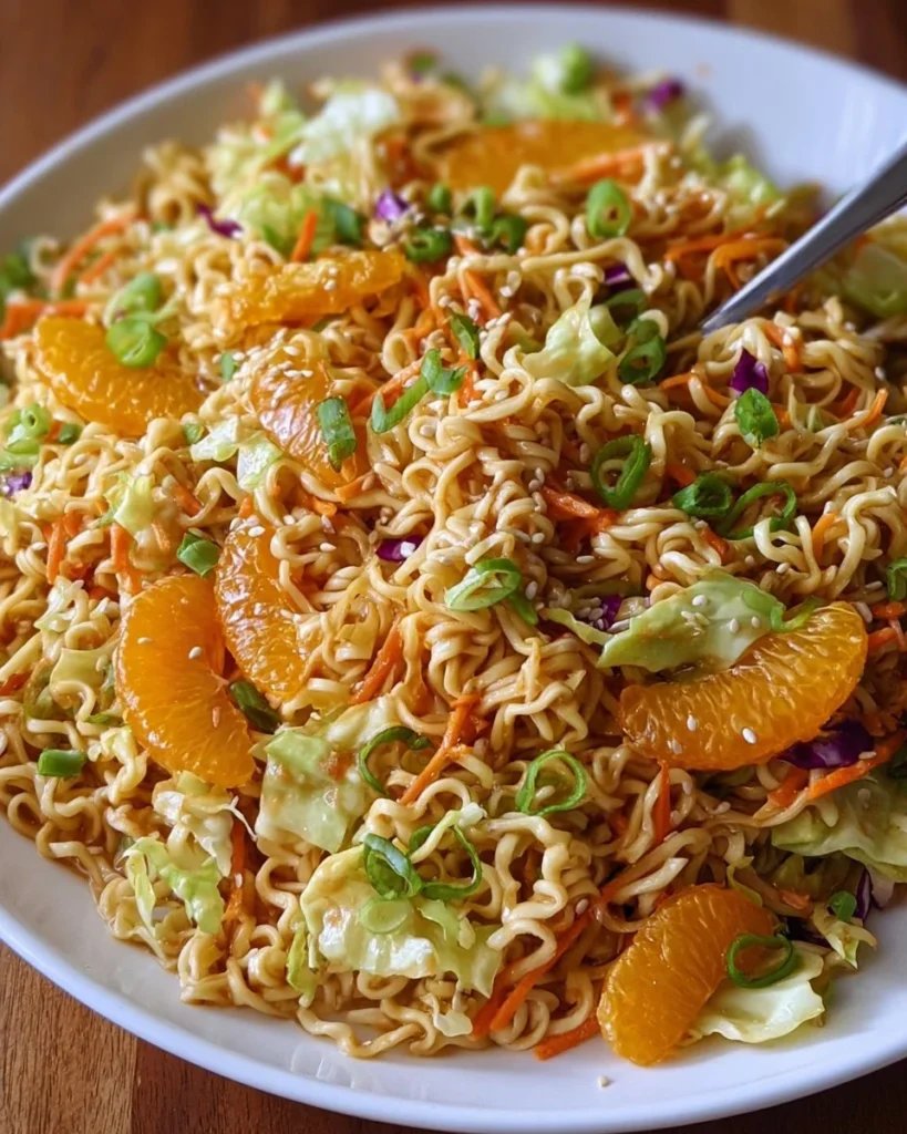 Delicious Ramen Noodle Salad topped with fresh vegetables and dressing