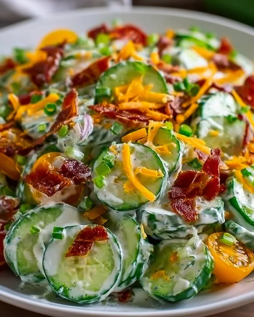 Refreshing Cucumber Ranch Salad ingredients in a bowl