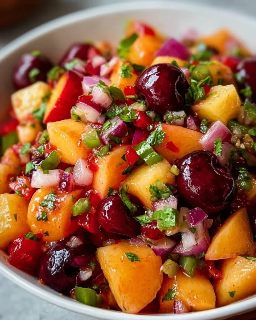 Fresh peach cherry salsa served in a bowl with colorful ingredients