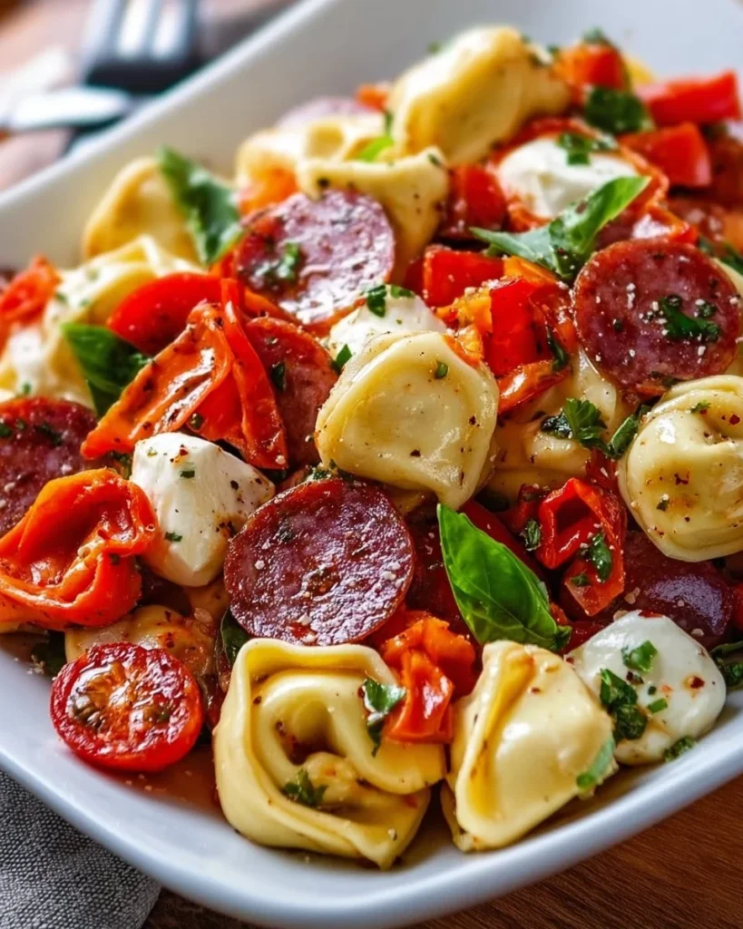 Roasted Red Pepper and Parmesan Tortellini Salad served in a bowl
