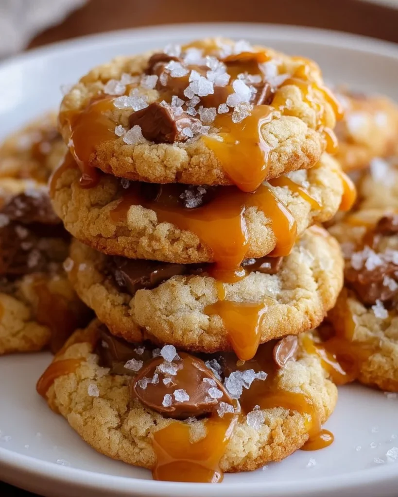 Delicious homemade salted caramel cookies on a wooden table