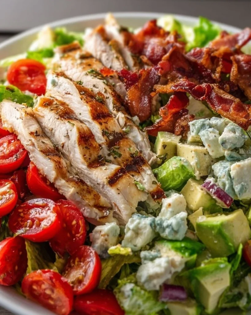 Savory BLT chicken salad with crispy bacon, lettuce, and tomatoes.