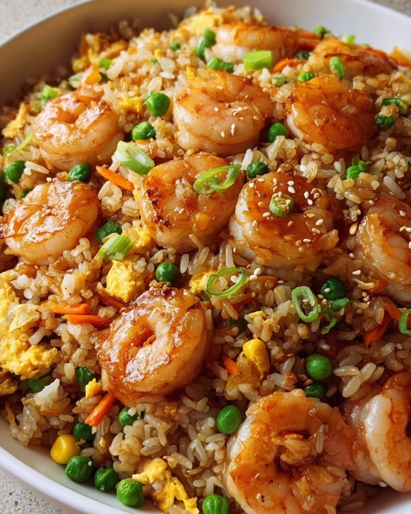 Plate of shrimp fried rice with colorful vegetables and shrimp