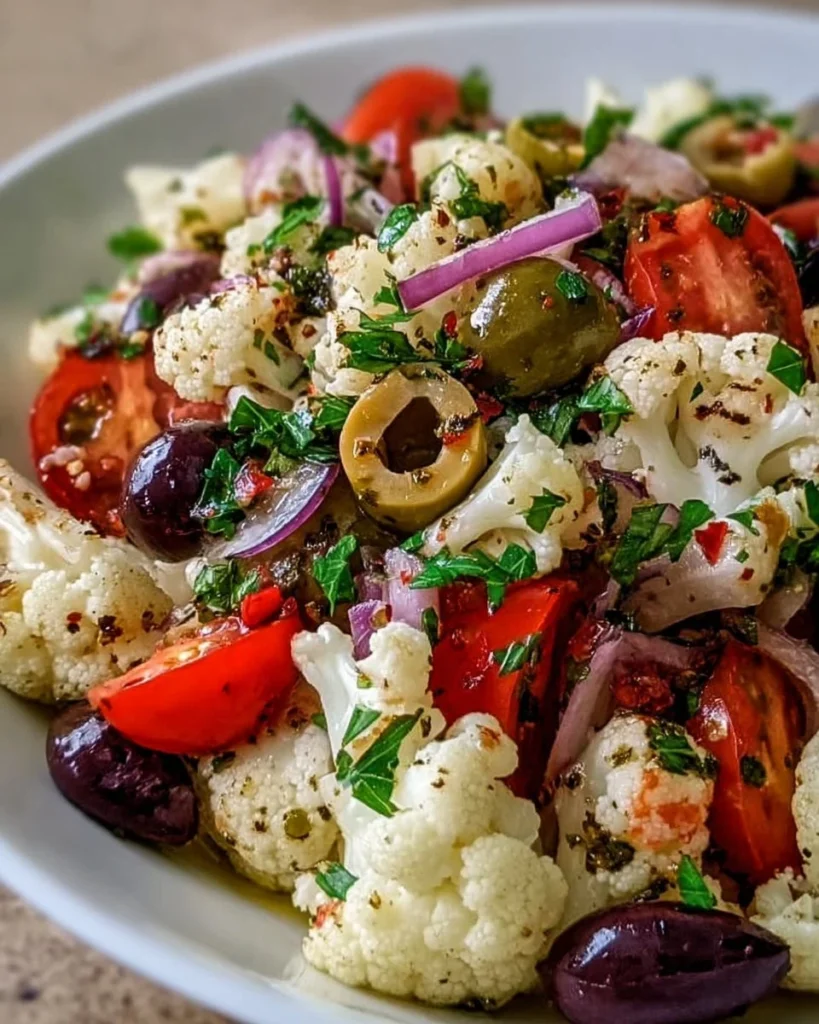 Sicilian cauliflower salad with fresh herbs and colorful vegetables