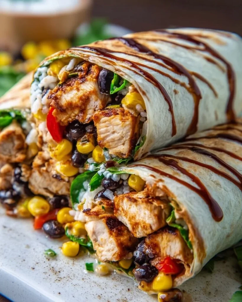 A delicious Southwest Chicken Wrap with colorful veggies and spices