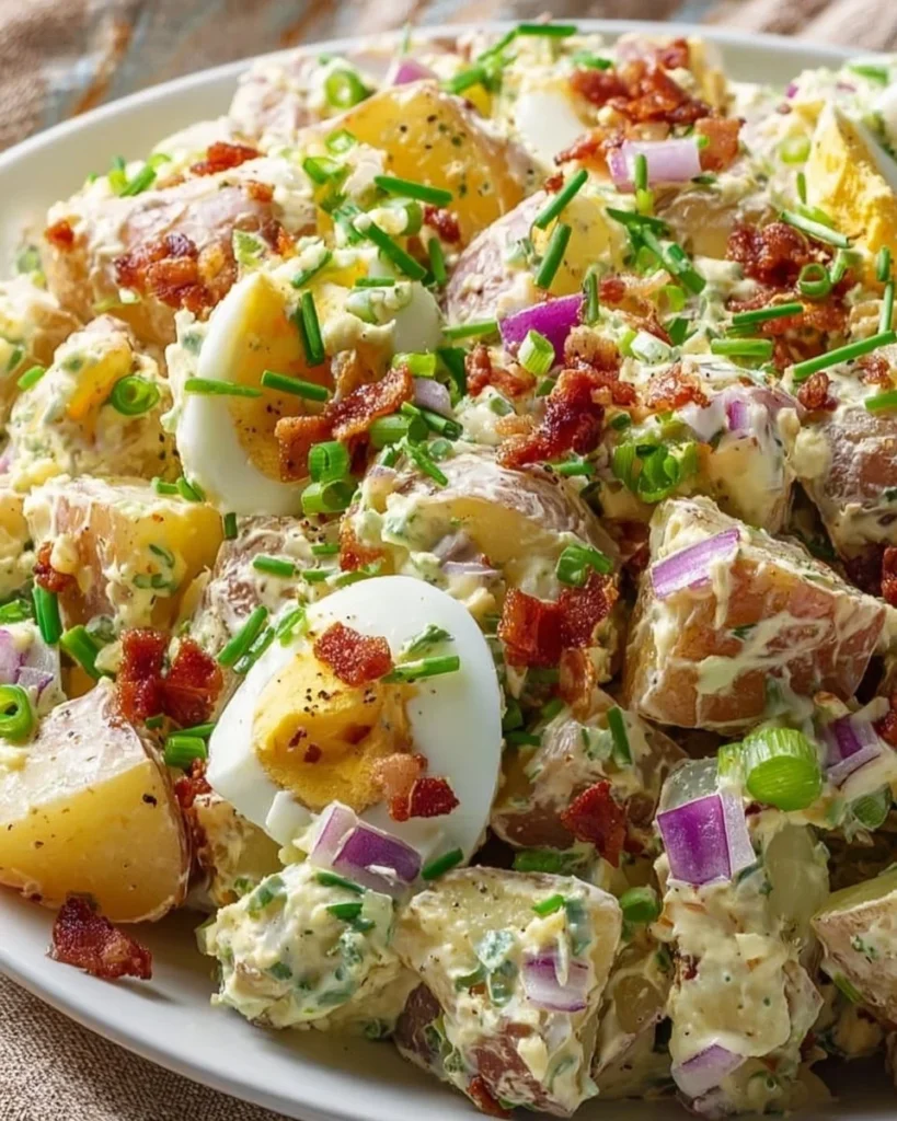 Delicious steakhouse potato salad served in a bowl