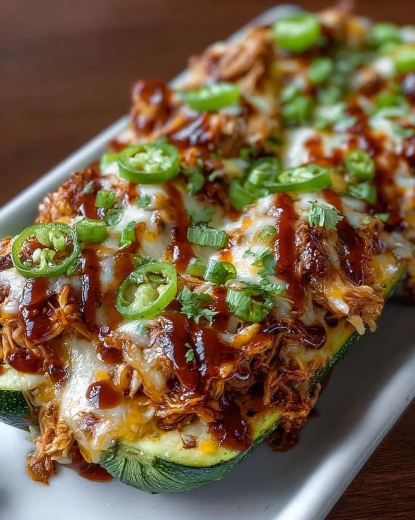 Sticky BBQ Chicken Zucchini Boats topped with savory sauce and fresh herbs