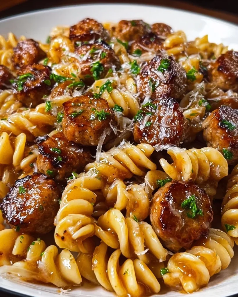 Sticky honey garlic sausage pasta skillet served in a pan with fresh herbs