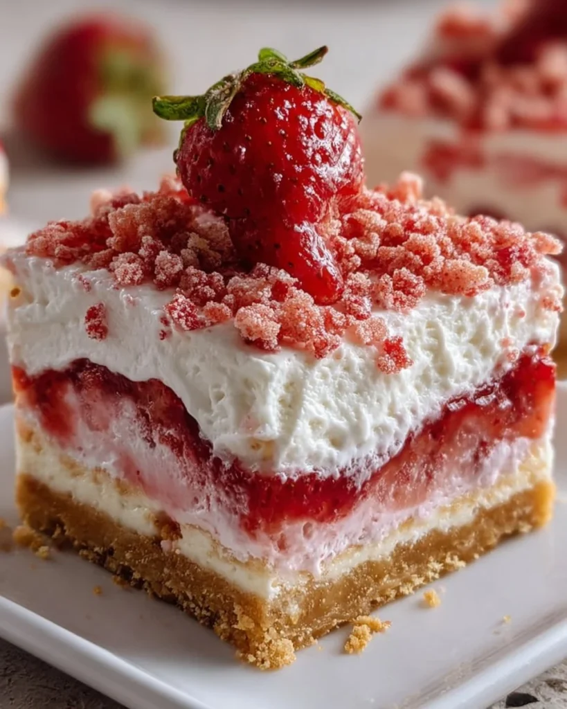 Delicious strawberry crunch bars topped with crunchy strawberry bits.