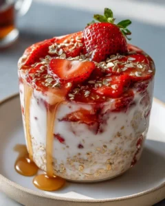 Delicious bowl of strawberry overnight oats topped with fresh strawberries and nuts.