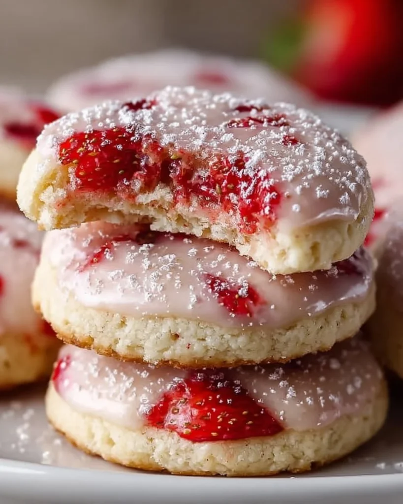 Freshly baked strawberry shortbread cookies with strawberries on top