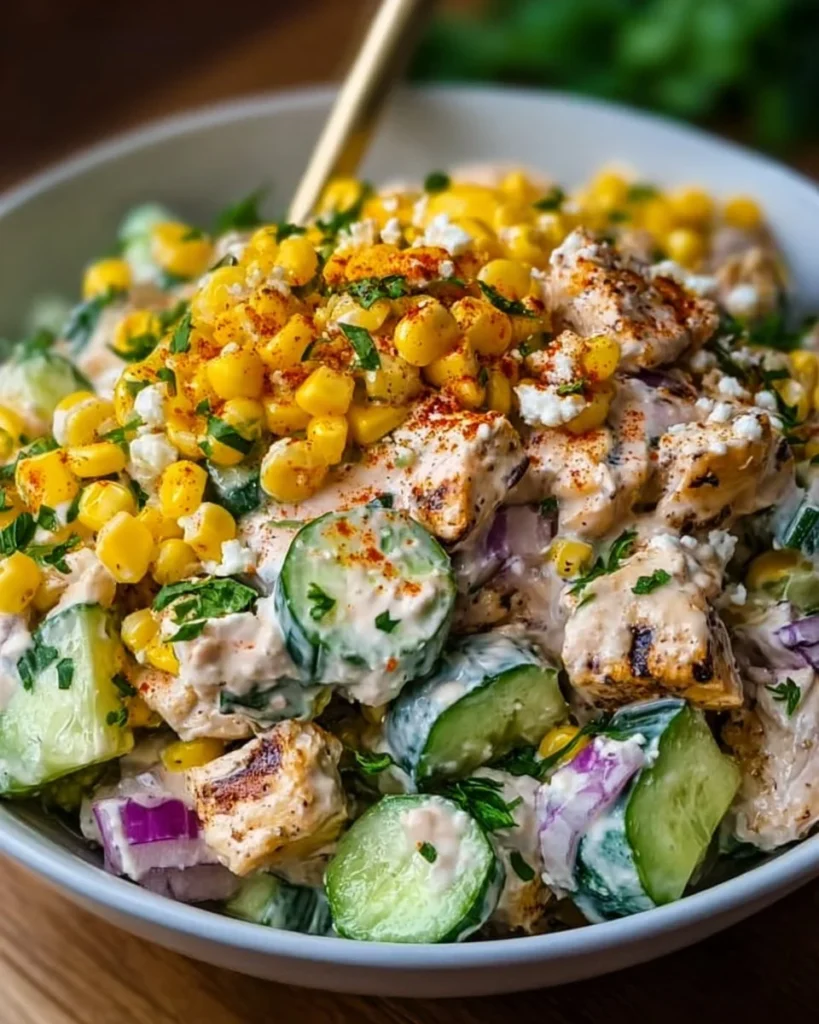 Delicious Street Corn Creamy Cucumber Chicken Salad served in a bowl