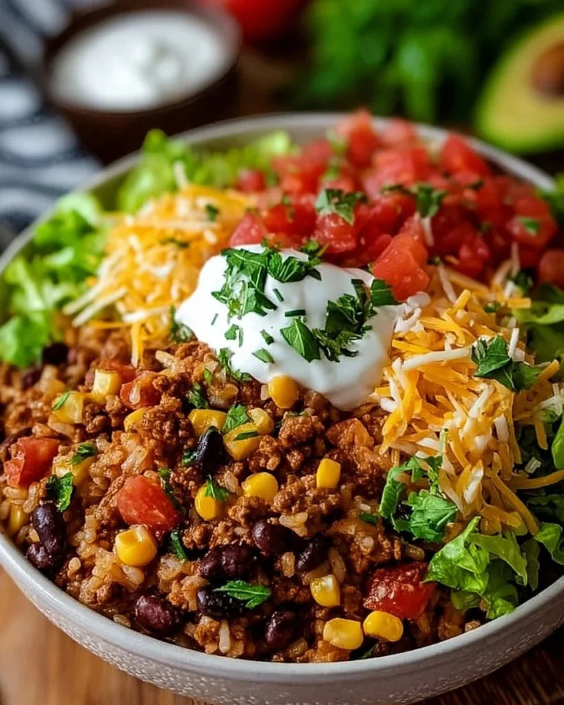 Colorful Taco Rice Bowl with toppings and ingredients